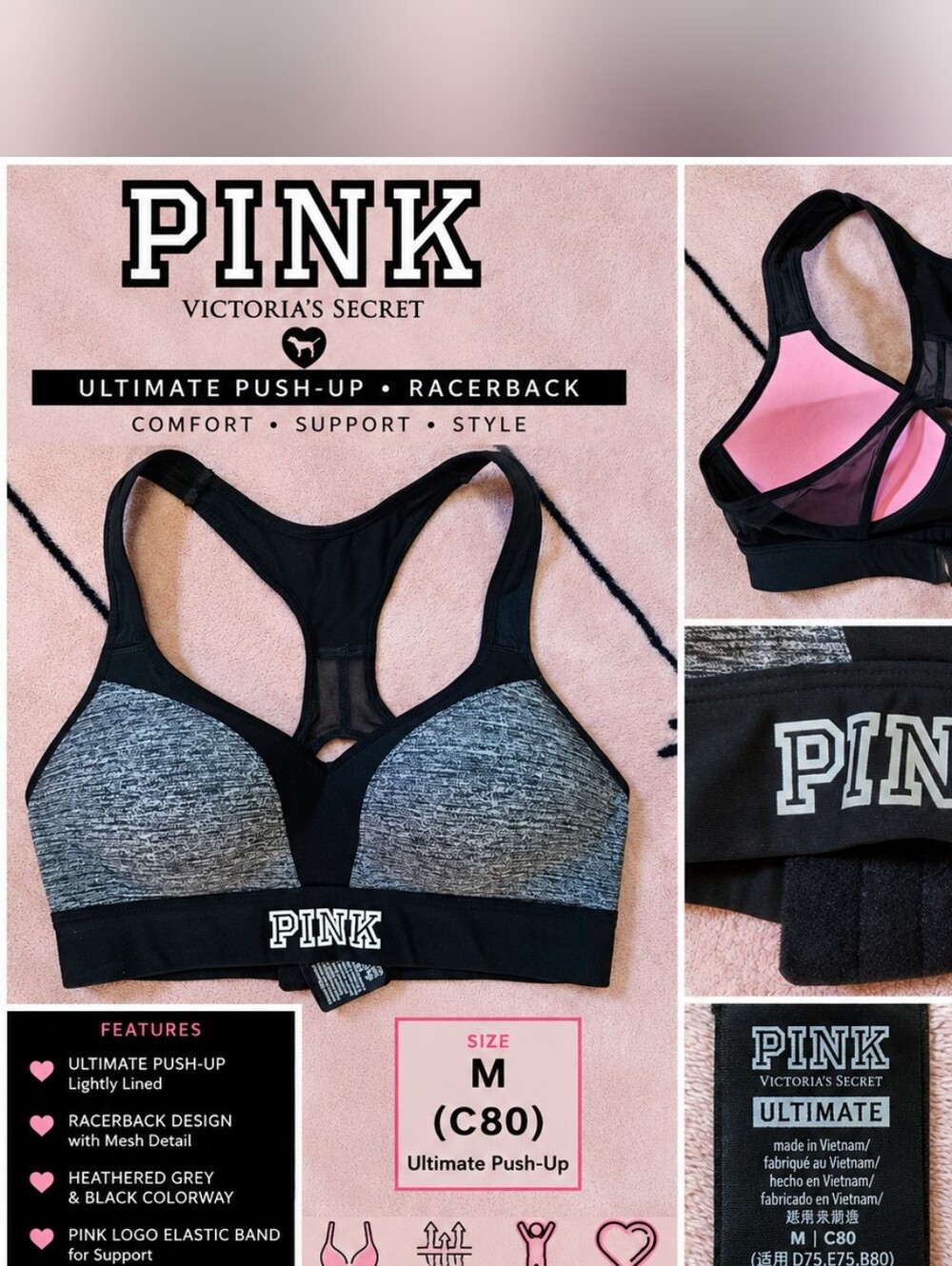 PINK by Victoria's Secret Ultimate Push-Up Racerback Sports Bra in Black & Gray